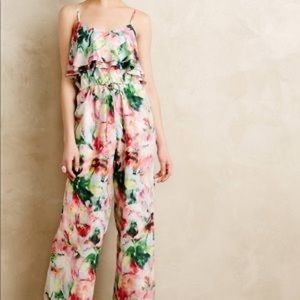Fleur Wood Silk Floral Ruffle Straight Leg Jumpsuit XS Floral Watercolor